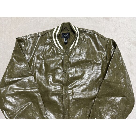 Size M Forever 21 Faux Croc Bomber Jacket Olive Green. - Picture 3 of 12
